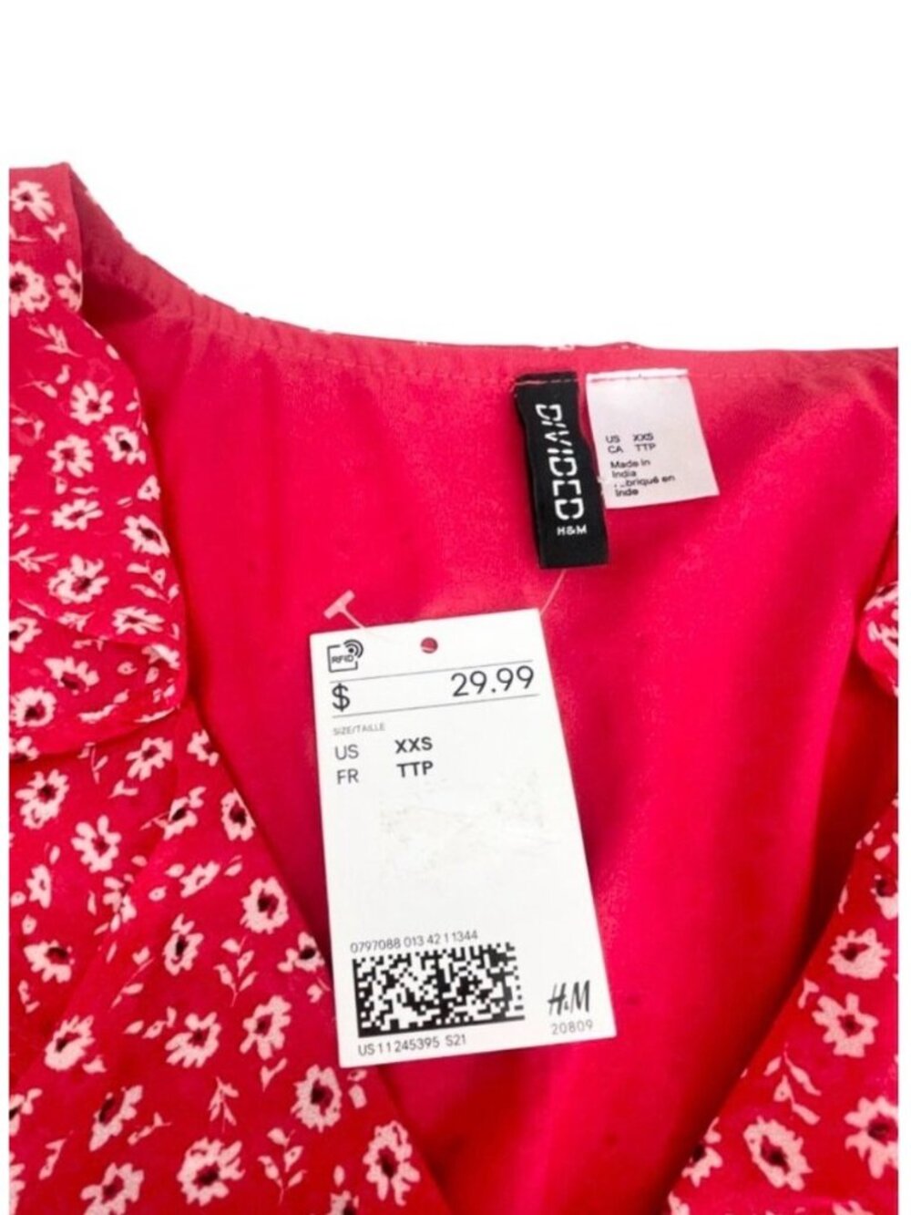 H&M Divided Red Floral Long-Sleeve Tiered Mini Dress XXS NWT - Picture 3 of 13